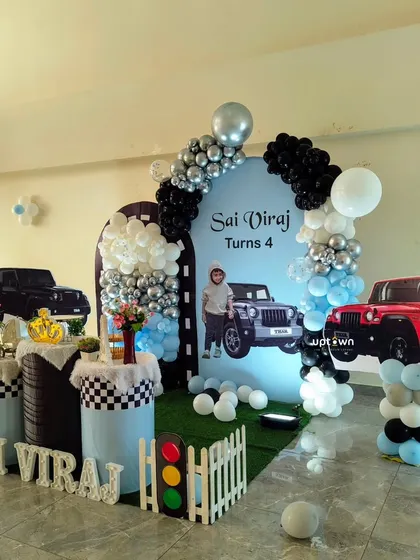 A wide shot of the Thar birthday party setup.