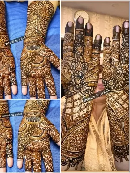 A collage showing various angles of a henna design.