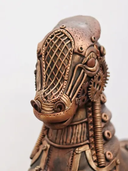 A front view of the horse's head, showcasing the detailed grillwork and mechanical eye.