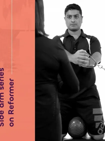 The side arm series on the Reformer, shown here, is excellent for golfers. It addresses the rotational forces of the golf swing, building strength in the obliques and stability through the core.