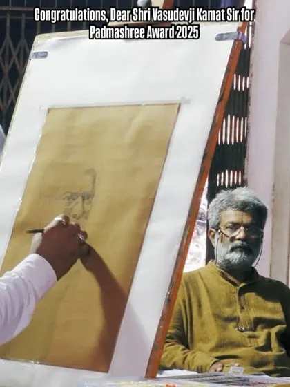A moment captured during the live portrait demonstration of Shri Vasudevji Kamath. He is seated for the portrait while I work on the initial sketch on the easel.