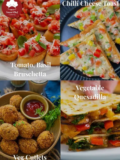 A collage of our popular vegetarian appetizers, including Tomato Basil Bruschetta, Chilli Cheese Toast, Veg Cutlets, and Vegetable Quesadillas.