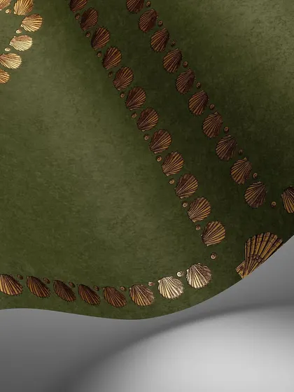 The 'Conchiglie' wallpaper in a rich olive green. The bronze metallic shells stand out against the deep background, creating a sophisticated and moody aesthetic with a unique geometric appeal.