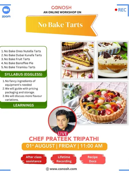 My no-bake tarts workshop is perfect for beginners, as it requires no fancy equipment. I'll guide you through making delicious variations like Oreo Nutella and Dubai Kunafa tarts, with a focus on pricing and storage.