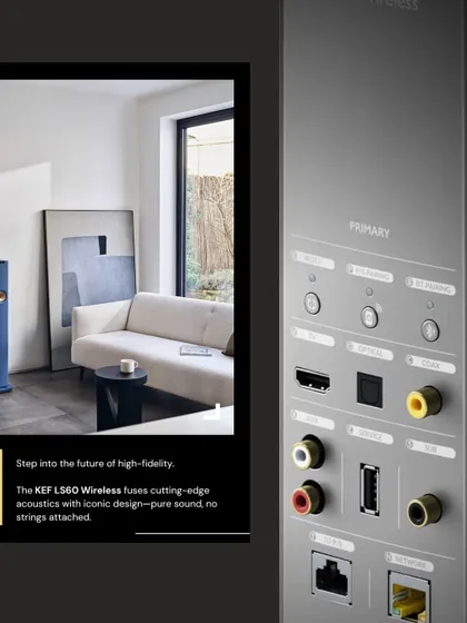 A close-up of the connectivity panel of the KEF LS60 Wireless, an award-winning speaker. It fuses cutting-edge acoustics with iconic design for pure sound with no strings attached, representing the future of high-fidelity audio.