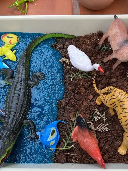 Learning about animal habitats can be so much fun. For this activity, we used real mud and blue-dyed chia seeds to create a land and water environment, helping children sort and classify their toy animals.