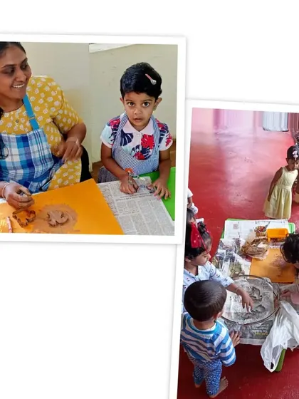 A teacher guides a child in molding and shaping the clay.