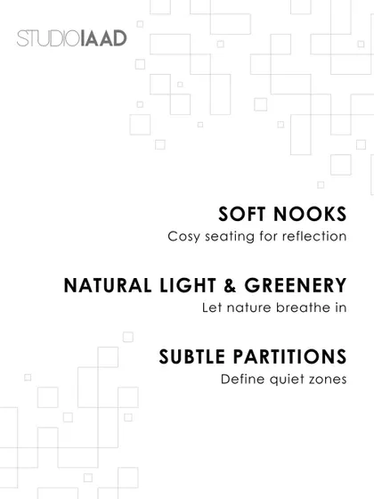 A graphic listing design tips for creating calm spaces, such as soft nooks and using natural light.