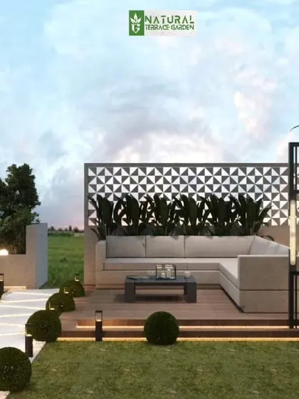 A proposed design for a modern outdoor lounge with an L-shaped sofa. The area is defined by a wooden deck and a decorative screen for privacy.