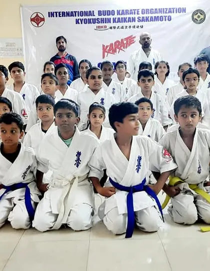 A group photo from our 66th Bangalore Grading event. Each belt represents a new level of understanding and commitment to the art of Kyokushin.