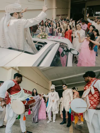 The groom's energetic Baraat entrance, arriving in a car with friends and family dancing alongside dhol players.