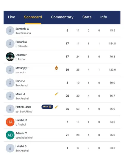 The batting scorecard showing contributions from multiple players to secure a win for Delhi Blues CC.