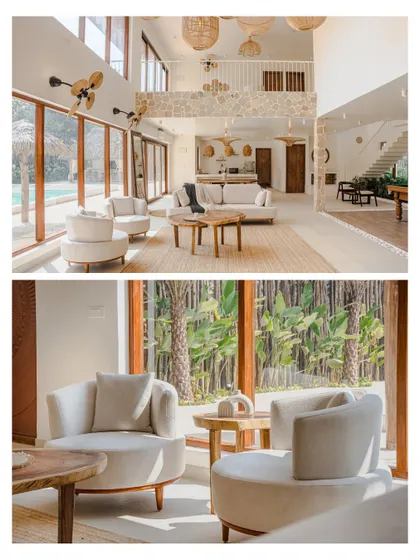 This collage highlights the cohesive design language of the villa. The top view shows the grand scale of the living area, while the bottom image offers a close-up of the plush, curved armchairs that provide a soft contrast to the natural wood and stone.