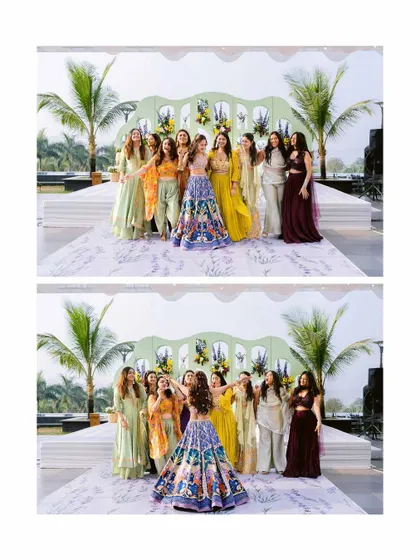 The bride and her bridesmaids pose in front of a unique 'love lock' booth at their carnival-themed wedding in Nashik.