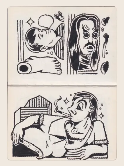 This sketchbook page features various surreal and expressive character concepts, drawn with a bold, high-contrast ink style.
