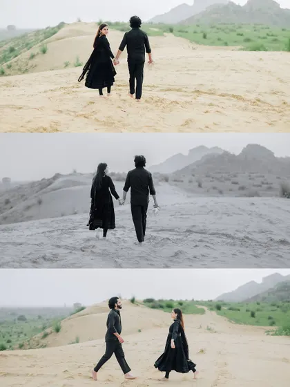 A sequence of shots showing the couple walking and interacting in the sand dunes, with a mix of color and black and white for artistic effect.