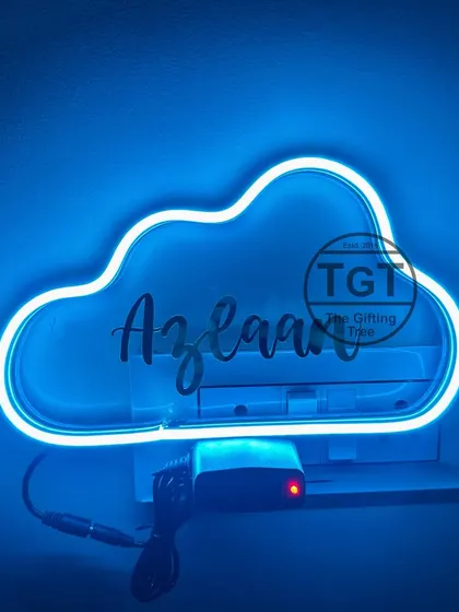 This sign in ice blue for "Azlaan" shows another of the color options available. The cool blue light is very modern and stylish.