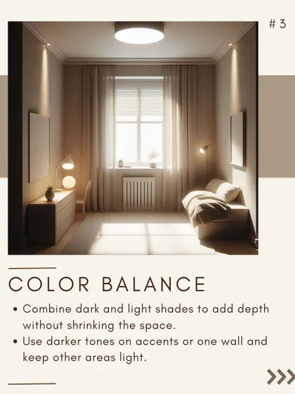 To add depth to a small room without making it feel smaller, I use a balanced color palette. Combining light and dark shades, often with a darker accent wall, creates visual interest while keeping the space feeling open.