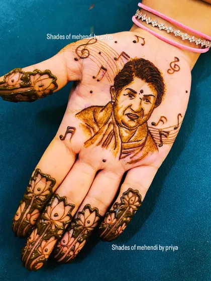 A portrait of the legendary singer Lata Mangeshkar, created as a tribute. This shows how I can create realistic portraits of famous personalities from a reference photo, surrounded by elements like musical notes that tell their story.