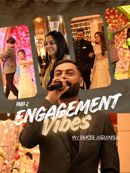 Part 2 of the Engagement Vibes. This graphic showcases the variety of moments from the night, from kids dancing to the couple's grand entrance, all tied together by my hosting.