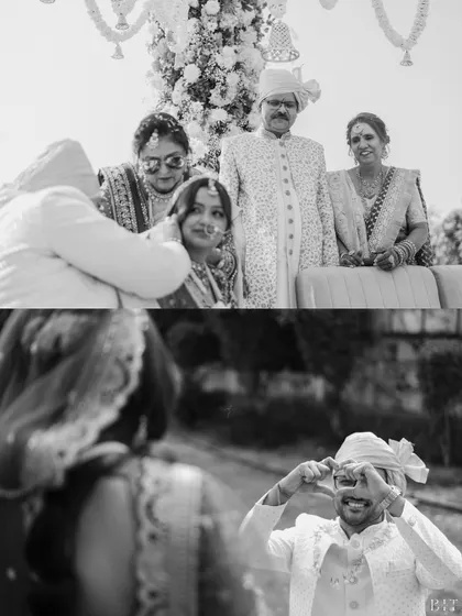 A black and white collage showing two perspectives of the ceremony. One captures a tender family blessing, while the other shows the groom's playful gesture to his bride, highlighting the mix of solemnity and fun.