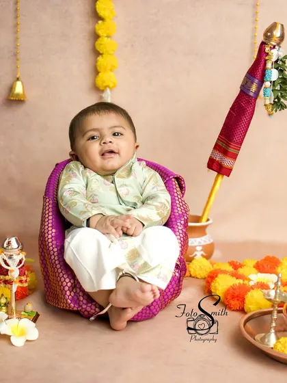 A full view of the festive Gudi Padwa setup. The marigold flowers, brass lamp, and other traditional elements create a vibrant and celebratory atmosphere.