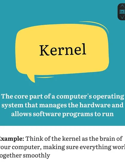 Coding Vocabulary K: Kernel. The kernel is the core part of a computer's operating system. It is like the brain, managing hardware and making sure all software runs smoothly.