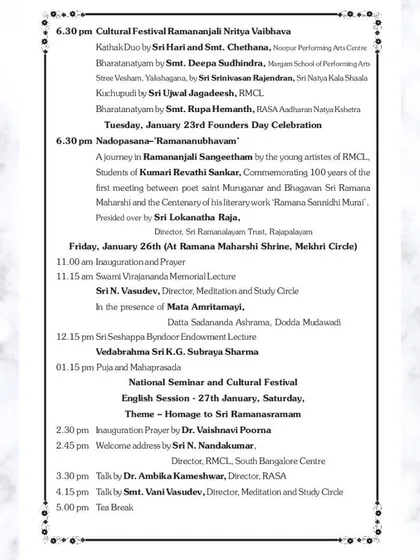 A detailed schedule from our National Seminar invitation, listing the various cultural performances, lectures, and prayer sessions happening over several days.