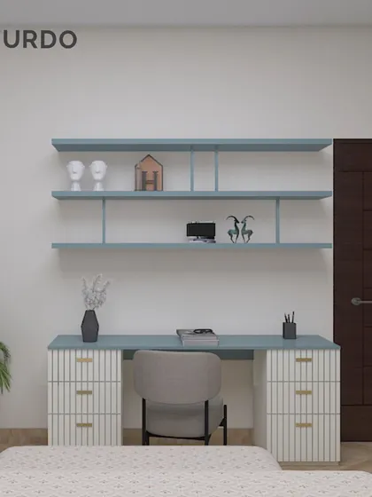 A pastel blue and white study unit concept, perfect for a calm and productive workspace.