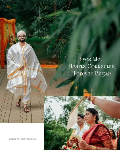 An artistic collage telling the story of the moment the couple first saw each other at the ceremony.