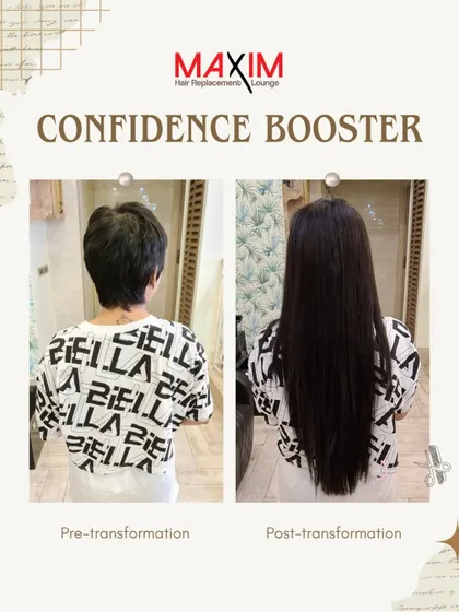 A true confidence booster. This back view shows the dramatic difference in length, taking her hair from a short pixie style to a long, healthy-looking mane.