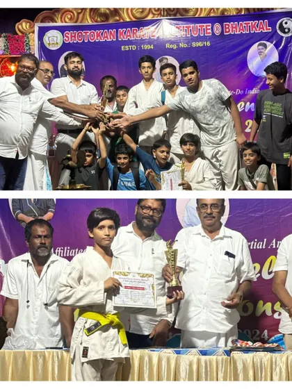 A collage celebrating our team's success. The top photo shows the team lifting the Team Championship trophy, and the bottom photo highlights Yousuf Mulki, who won the Runner-up Grand Champion title.