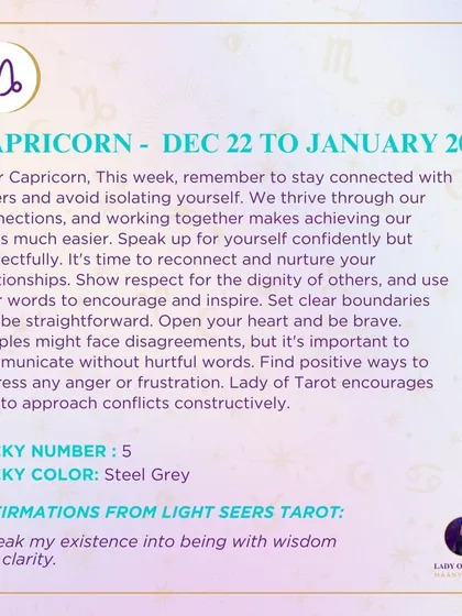 A weekly tarot reading for Capricorn. This week, remember to stay connected with others and nurture your relationships, speaking your truth with respect.