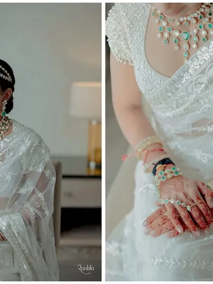 A diptych of the bride in white, showcasing her full look and the intricate details of her sari and jewelry.