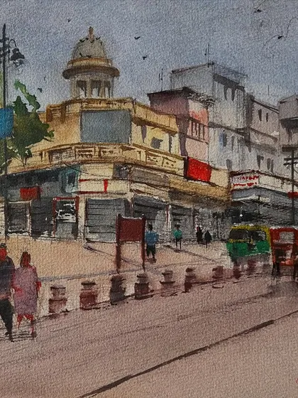 A watercolor painting of the Town Hall area in Chandni Chowk, Old Delhi. I clicked this photo during a sketching trip and later painted it in my studio to capture the bustling street scene.