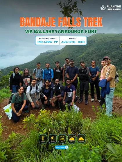 A full group photo on the lush green trails of the Bandaje Falls trek. The Western Ghats are our playground.