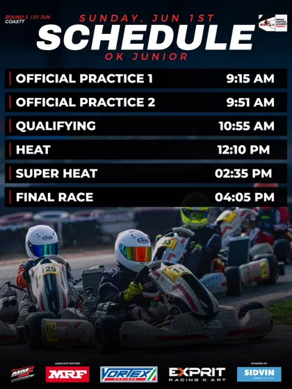 The final day schedule for the OK Junior class, featuring a full day of practice, heats, and the final race.