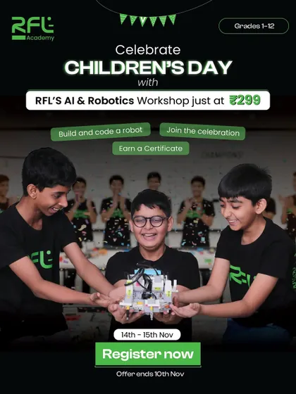 Celebrate Children's Day with our hands-on AI & Robotics workshop. This poster encourages parents to register their child for a day of building, coding, and fun.