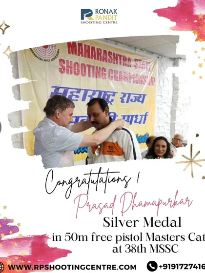 A silver medal for Prasad Dhampurkar in the 50m free pistol Masters Category at the 38th Maharashtra State Shooting Championship.