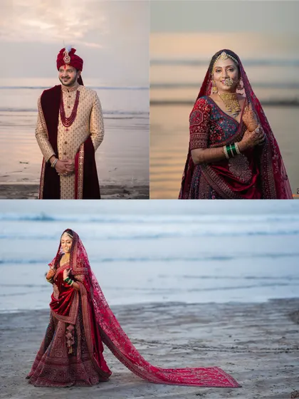 A collage of a bride and groom's portraits on the beach, with the bride's long veil creating a dramatic effect against the sand.