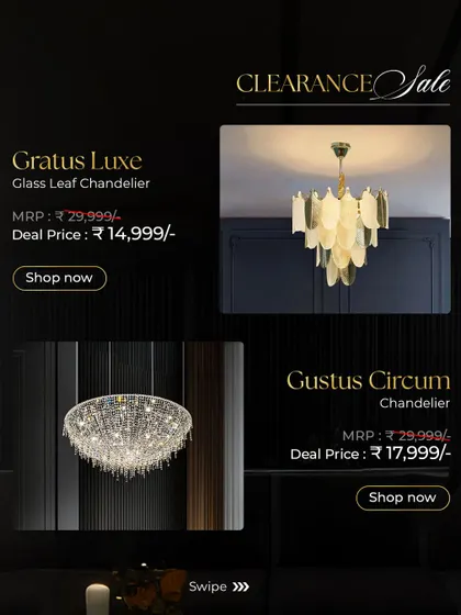 The Gratus Luxe Glass Leaf Chandelier, seen here on clearance, offers a more compact version of the nature-inspired design, perfect for smaller spaces.