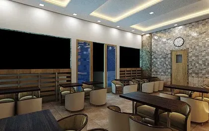 This render shows the cafe's seating arrangement near the windows. The design uses a combination of booth seating and individual tables to cater to different group sizes, all within a cohesive, modern aesthetic.