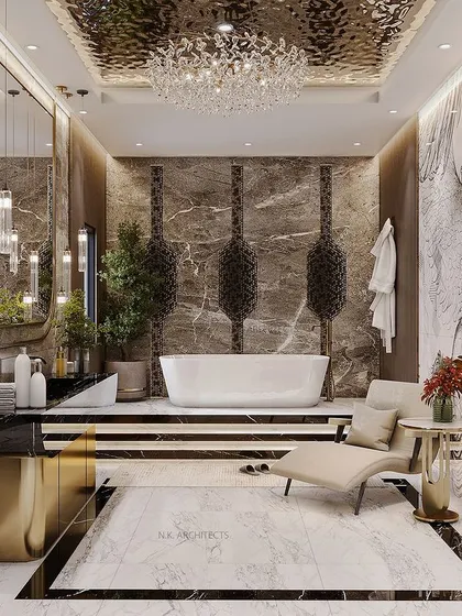 Another angle of the grand bathroom, showing the comfortable chaise lounge for relaxing and the beautiful reflection of the mosaic art in the polished floor.