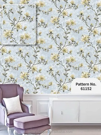 A room mockup with a light blue wallpaper featuring a pattern of yellow flowering vines.