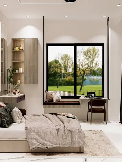 The bay window seat is suspended by metal rods, creating a unique floating effect and a perfect spot to enjoy the view.