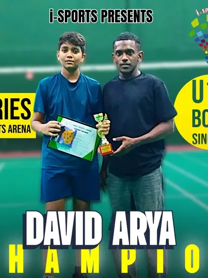 David Arya triumphs as the U15 Boys Singles Champion at Aries Sports Arena, celebrating his dedication and excellence.