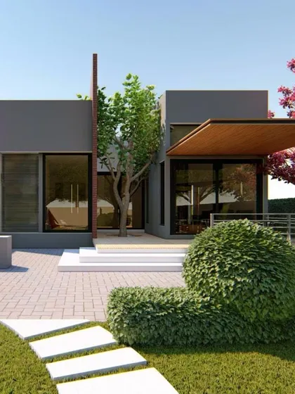 This is a 3D render of a modern, minimalist villa designed to harmonize with its landscape. The design emphasizes clean lines, large glass panels for natural light, and a seamless connection between the indoor living area and the outdoor garden space.
