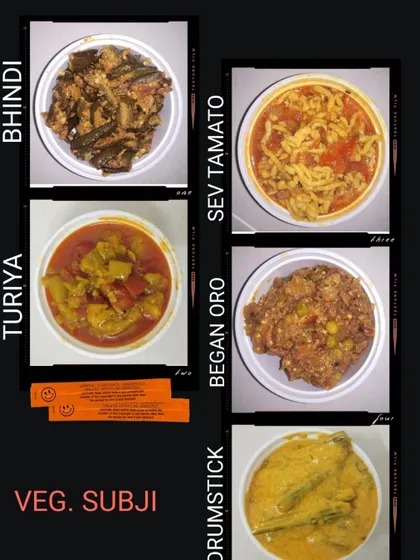 I offer a wide variety of homemade vegetable dishes, or sabjis. This includes classics like Bhindi Masala, Sev Tamato, Turiya, Ringan no Oro (baingan bharta), and Drumstick curry, all cooked fresh for your order.