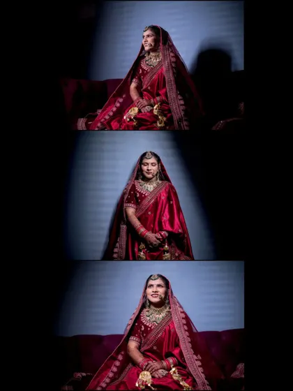 A dramatic, low-key portrait collage of the bride in her deep red lehenga, using spotlighting to create a regal and timeless look.