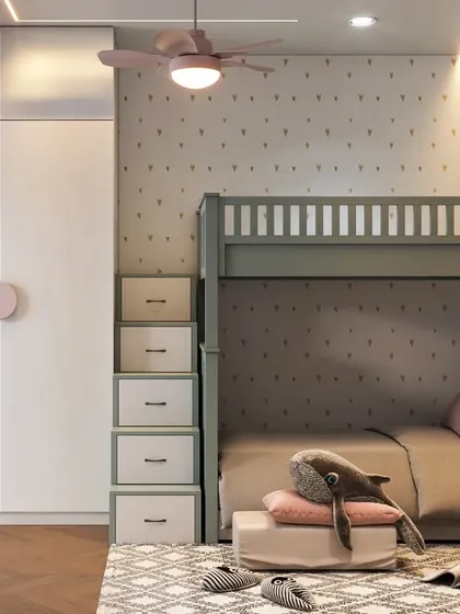 This bunk bed design includes a staircase with built-in drawers, providing extra storage and a safer way to climb to the top bunk.